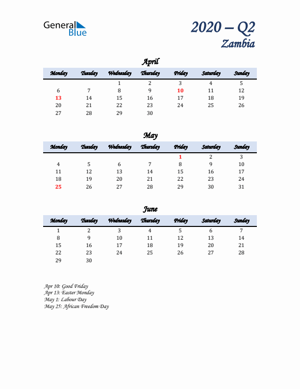 April, May, and June Calendar for Zambia with Monday Start