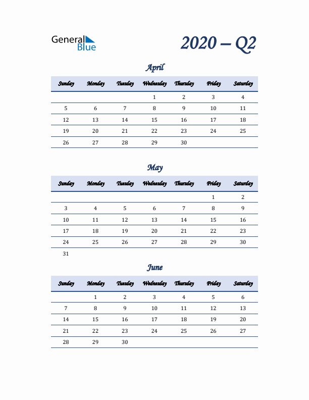 Sunday Start 2020 Quarterly Calendar