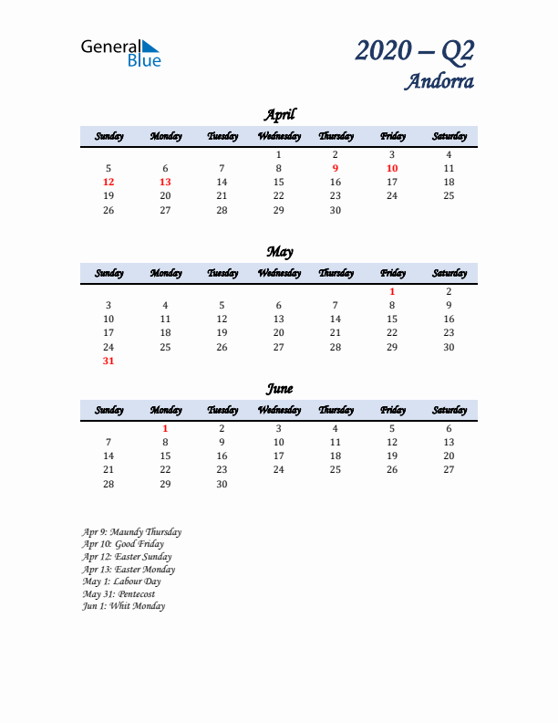 April, May, and June Calendar for Andorra with Sunday Start