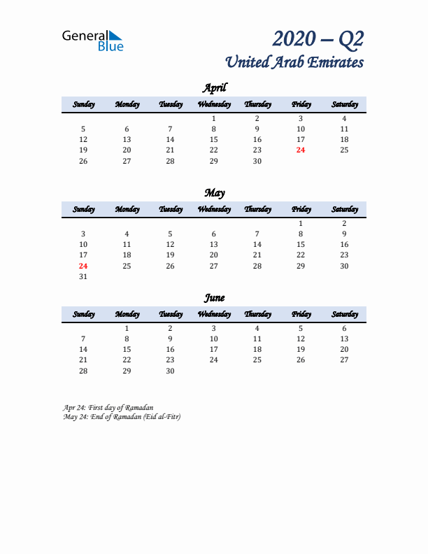 April, May, and June Calendar for United Arab Emirates with Sunday Start