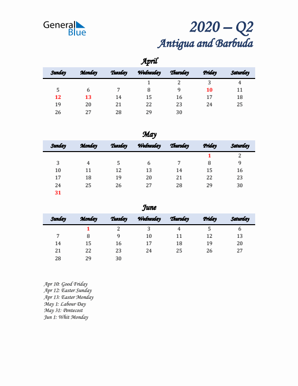 April, May, and June Calendar for Antigua and Barbuda with Sunday Start