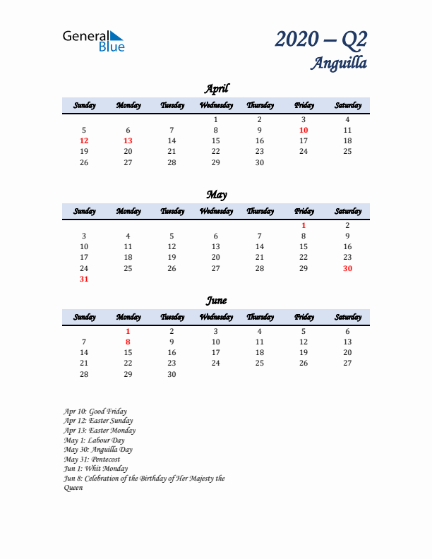 April, May, and June Calendar for Anguilla with Sunday Start