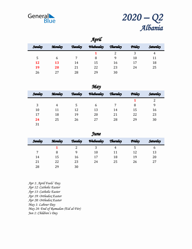 April, May, and June Calendar for Albania with Sunday Start