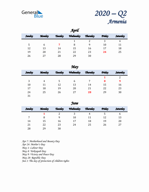 April, May, and June Calendar for Armenia with Sunday Start