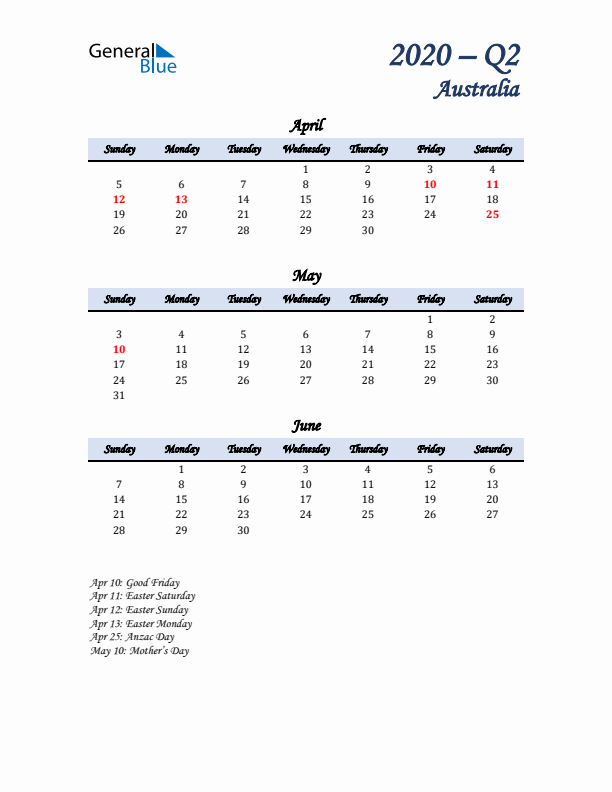 April, May, and June Calendar for Australia with Sunday Start