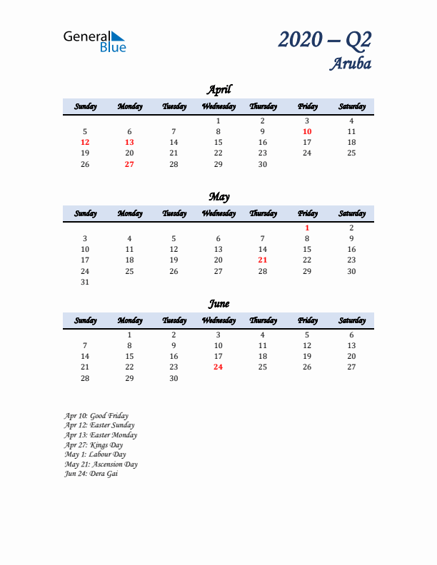 April, May, and June Calendar for Aruba with Sunday Start