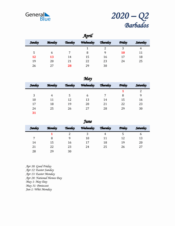 April, May, and June Calendar for Barbados with Sunday Start