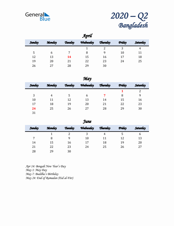 April, May, and June Calendar for Bangladesh with Sunday Start