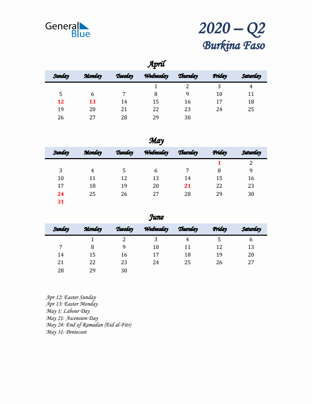 April, May, and June Calendar for Burkina Faso with Sunday Start