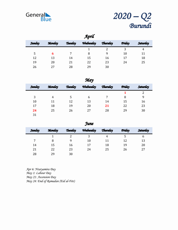 April, May, and June Calendar for Burundi with Sunday Start