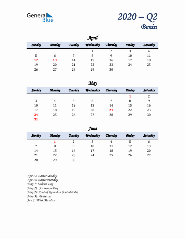 April, May, and June Calendar for Benin with Sunday Start