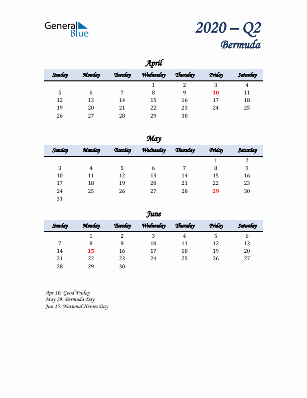 April, May, and June Calendar for Bermuda with Sunday Start