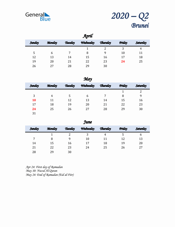 April, May, and June Calendar for Brunei with Sunday Start