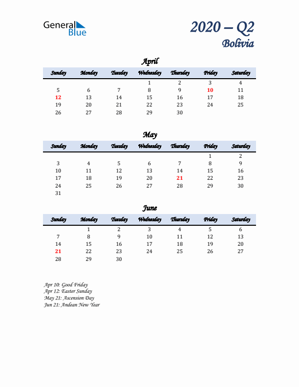 April, May, and June Calendar for Bolivia with Sunday Start