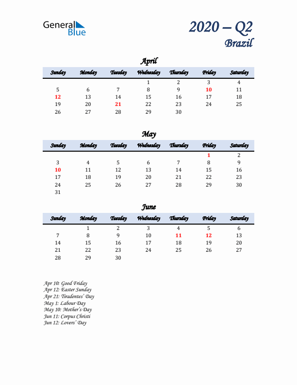 April, May, and June Calendar for Brazil with Sunday Start