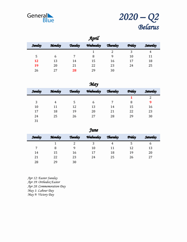 April, May, and June Calendar for Belarus with Sunday Start