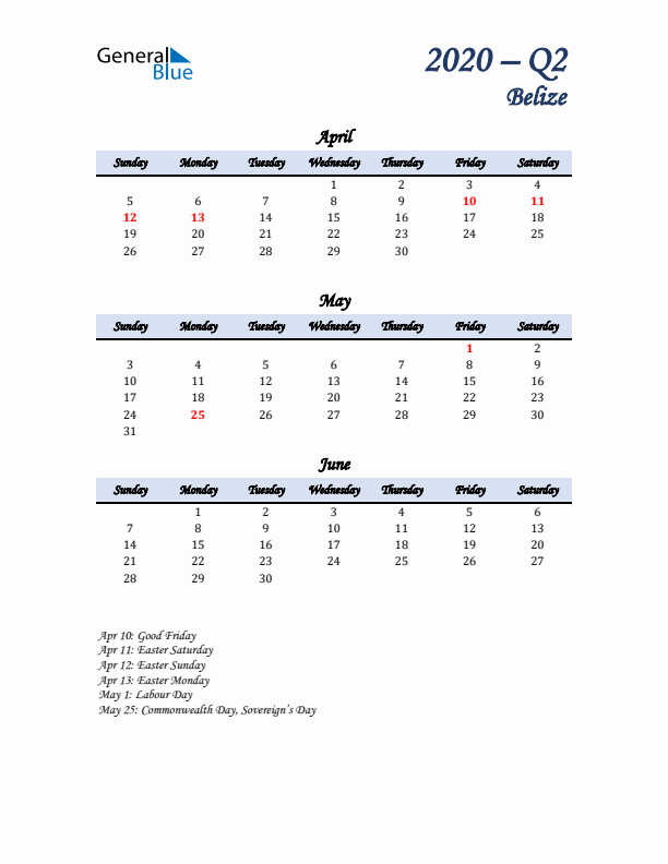 April, May, and June Calendar for Belize with Sunday Start