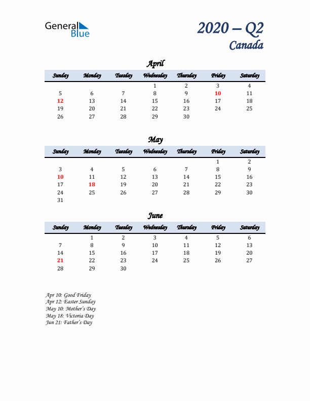 April, May, and June Calendar for Canada with Sunday Start