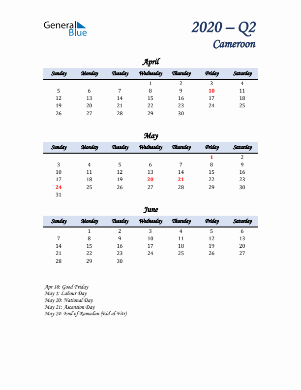 April, May, and June Calendar for Cameroon with Sunday Start