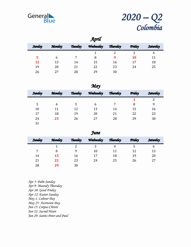 April, May, and June Calendar for Colombia with Sunday Start