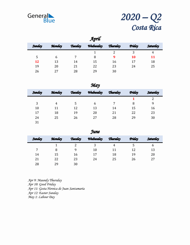 April, May, and June Calendar for Costa Rica with Sunday Start