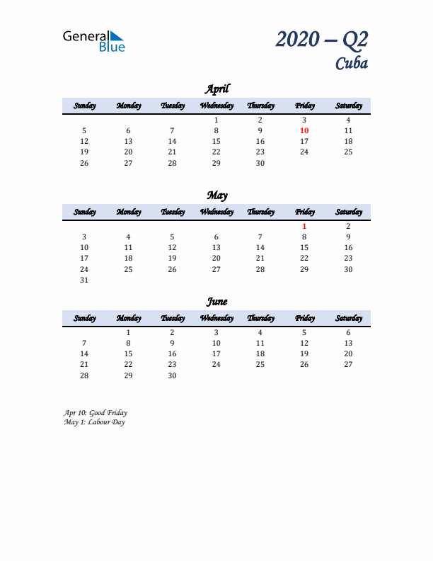 April, May, and June Calendar for Cuba with Sunday Start