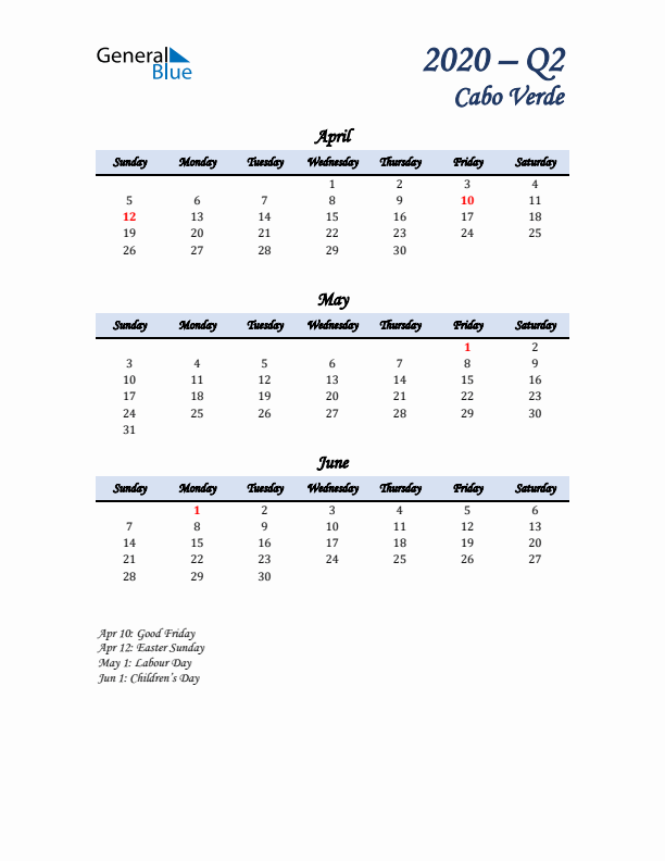 April, May, and June Calendar for Cabo Verde with Sunday Start