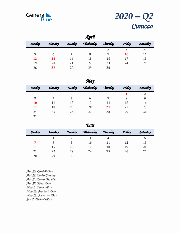 April, May, and June Calendar for Curacao with Sunday Start