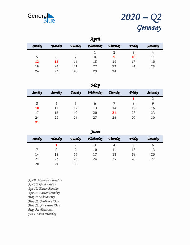 April, May, and June Calendar for Germany with Sunday Start