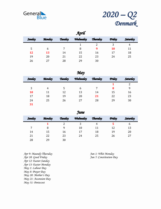 April, May, and June Calendar for Denmark with Sunday Start