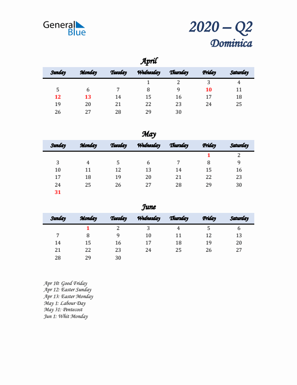 April, May, and June Calendar for Dominica with Sunday Start