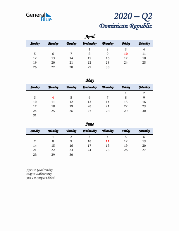 April, May, and June Calendar for Dominican Republic with Sunday Start