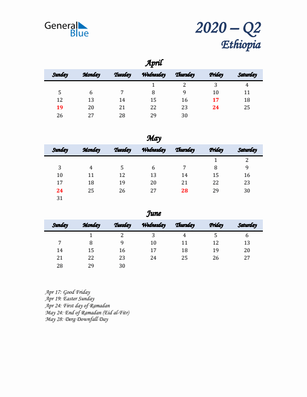 April, May, and June Calendar for Ethiopia with Sunday Start