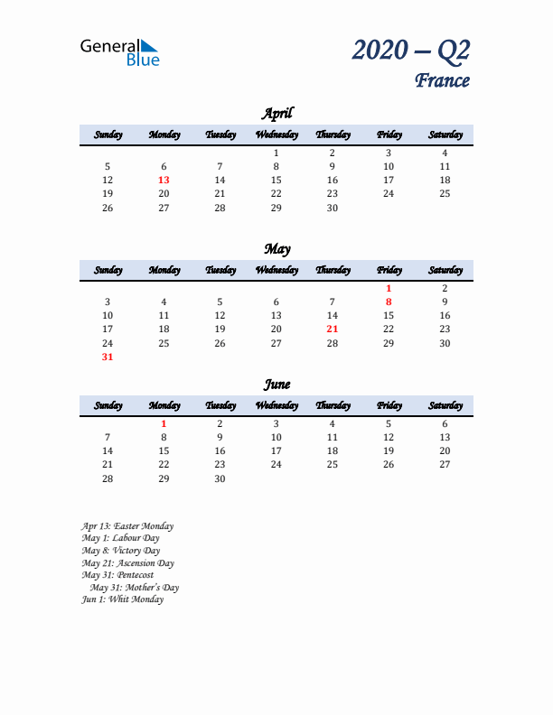 April, May, and June Calendar for France with Sunday Start