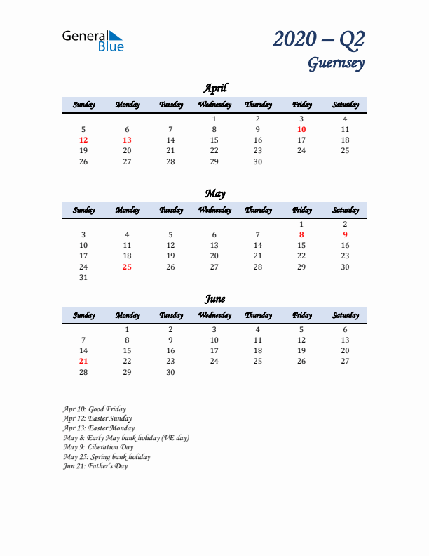 April, May, and June Calendar for Guernsey with Sunday Start