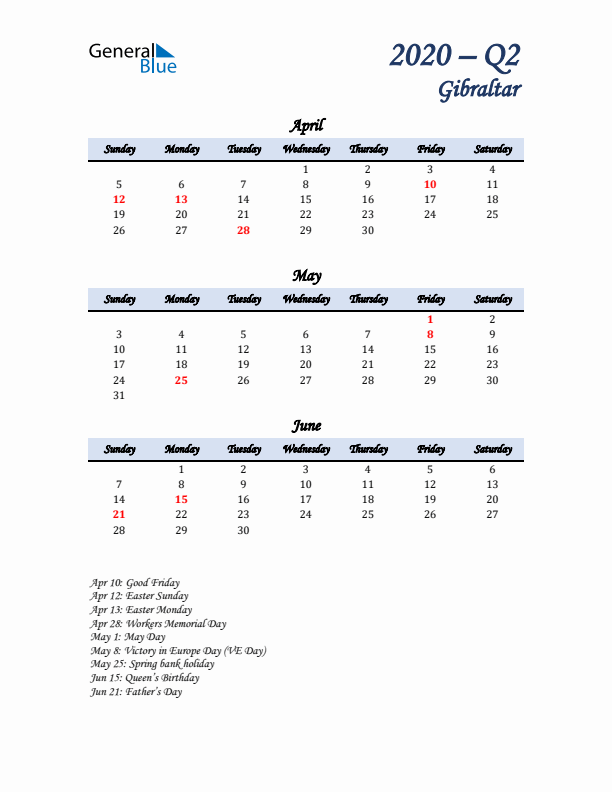 April, May, and June Calendar for Gibraltar with Sunday Start