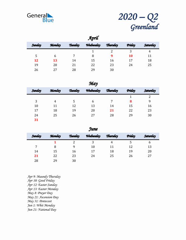 April, May, and June Calendar for Greenland with Sunday Start