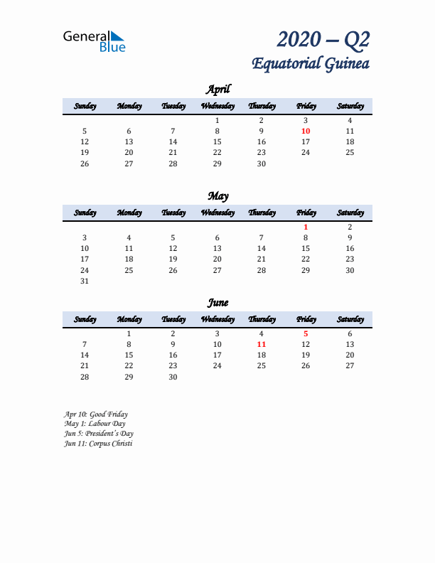 April, May, and June Calendar for Equatorial Guinea with Sunday Start