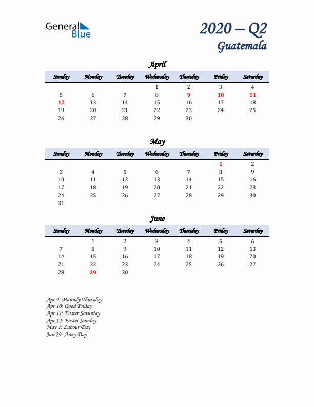 April, May, and June Calendar for Guatemala with Sunday Start