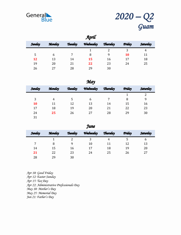 April, May, and June Calendar for Guam with Sunday Start