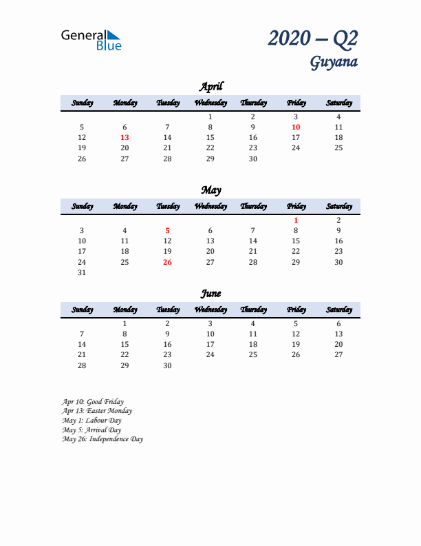 April, May, and June Calendar for Guyana with Sunday Start