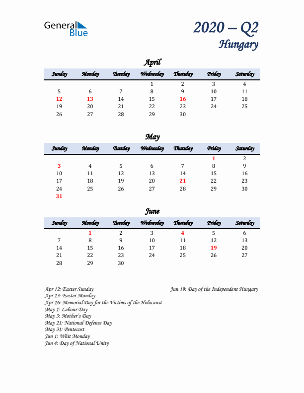 April, May, and June Calendar for Hungary with Sunday Start