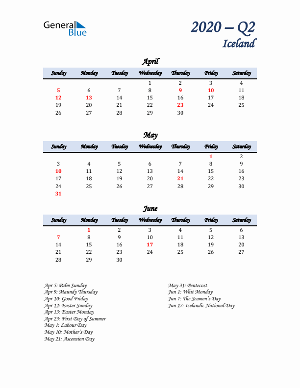 April, May, and June Calendar for Iceland with Sunday Start