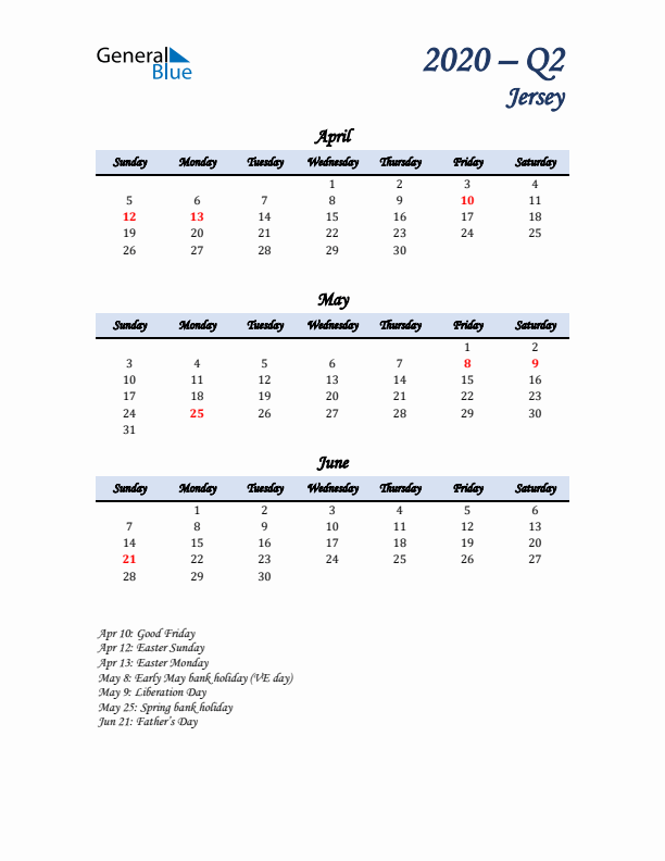 April, May, and June Calendar for Jersey with Sunday Start