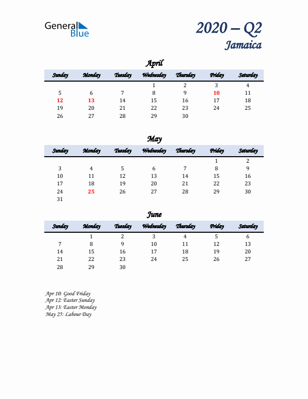 April, May, and June Calendar for Jamaica with Sunday Start