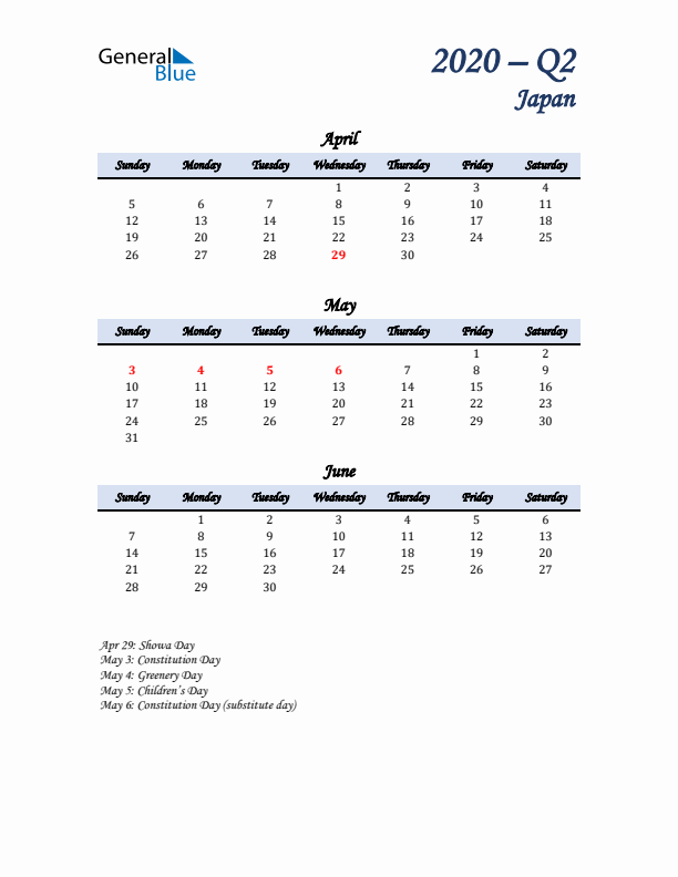 April, May, and June Calendar for Japan with Sunday Start