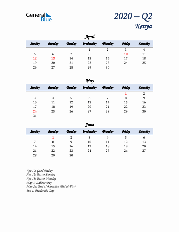 April, May, and June Calendar for Kenya with Sunday Start