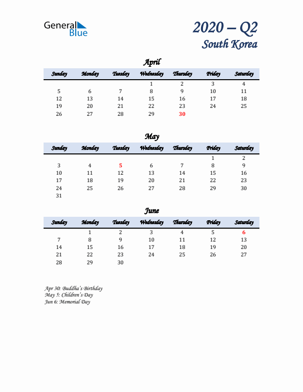 April, May, and June Calendar for South Korea with Sunday Start