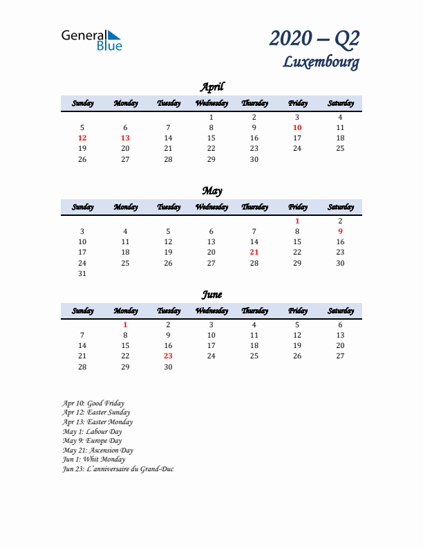 April, May, and June Calendar for Luxembourg with Sunday Start