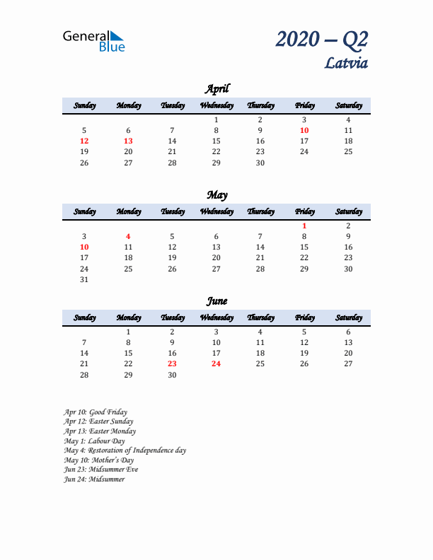 April, May, and June Calendar for Latvia with Sunday Start